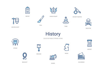 history concept 14 colorful outline icons. 2 color blue stroke icons