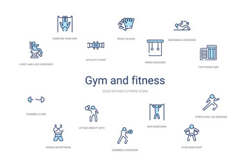 gym and fitness concept 14 colorful outline icons. 2 color blue stroke icons