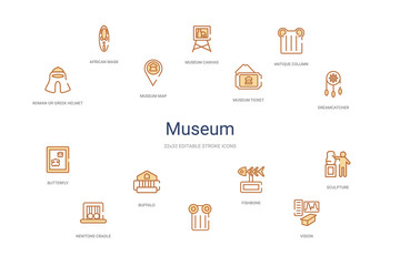 museum concept 14 colorful outline icons. 2 color blue stroke icons