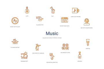 music concept 14 colorful outline icons. 2 color blue stroke icons