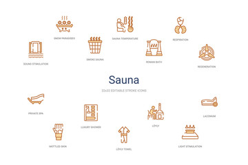 sauna concept 14 colorful outline icons. 2 color blue stroke icons