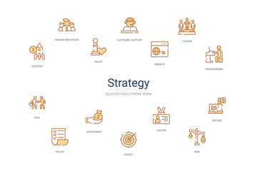 strategy concept 14 colorful outline icons. 2 color blue stroke icons