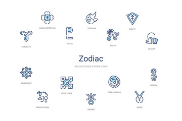 zodiac concept 14 colorful outline icons. 2 color blue stroke icons