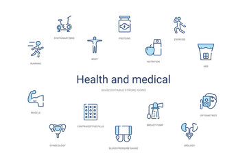 health and medical concept 14 colorful outline icons. 2 color blue stroke icons