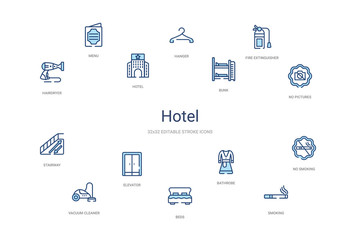 hotel concept 14 colorful outline icons. 2 color blue stroke icons