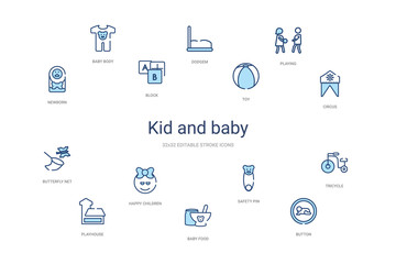 Naklejka premium kid and baby concept 14 colorful outline icons. 2 color blue stroke icons