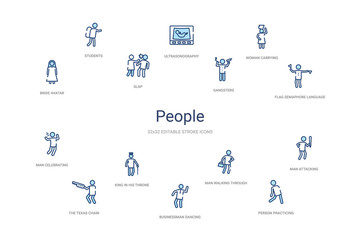 people concept 14 colorful outline icons. 2 color blue stroke icons