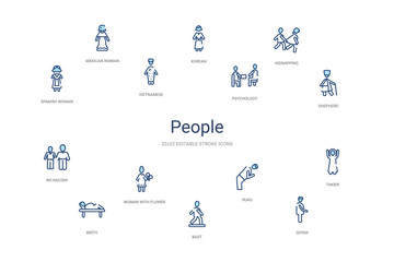 people concept 14 colorful outline icons. 2 color blue stroke icons