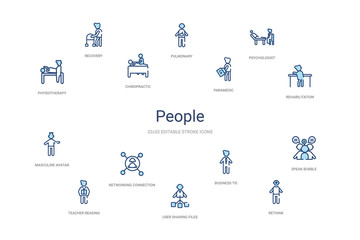 Obraz premium people concept 14 colorful outline icons. 2 color blue stroke icons