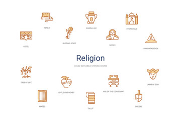 religion concept 14 colorful outline icons. 2 color blue stroke icons