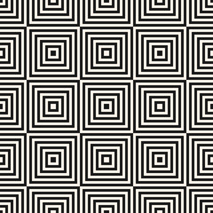 Vector geometric squares seamless pattern. Abstract black and white graphic ornament with lines, stripes, squared shapes. Modern linear background texture. Repeat design for decor, textile, carpet