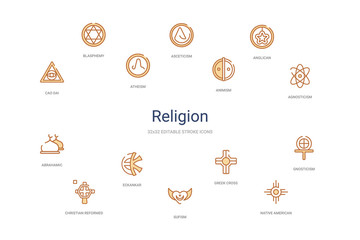 religion concept 14 colorful outline icons. 2 color blue stroke icons - obrazy, fototapety, plakaty