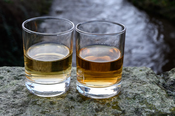 Scotch single malts or blended whisky spirits in glasses with water of river Spey on background, Scotland