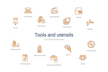 tools and utensils concept 14 colorful outline icons. 2 color blue stroke icons