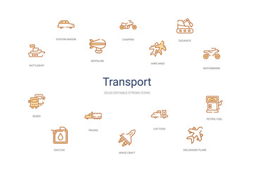 transport concept 14 colorful outline icons. 2 color blue stroke icons