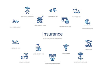 insurance concept 14 colorful outline icons. 2 color blue stroke icons