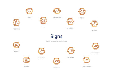 signs concept 14 colorful outline icons. 2 color blue stroke icons