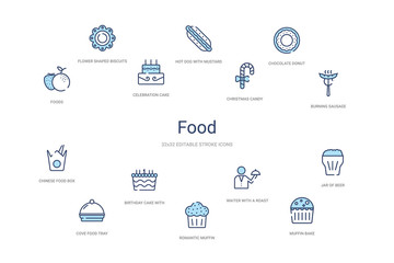 food concept 14 colorful outline icons. 2 color blue stroke icons