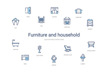 furniture and household concept 14 colorful outline icons. 2 color blue stroke icons