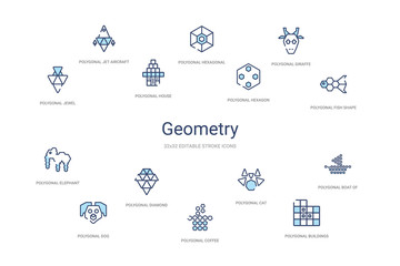geometry concept 14 colorful outline icons. 2 color blue stroke icons