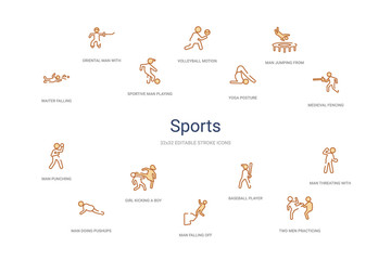 sports concept 14 colorful outline icons. 2 color blue stroke icons