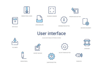 user interface concept 14 colorful outline icons. 2 color blue stroke icons