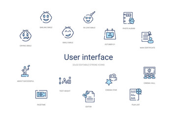 Naklejka premium user interface concept 14 colorful outline icons. 2 color blue stroke icons