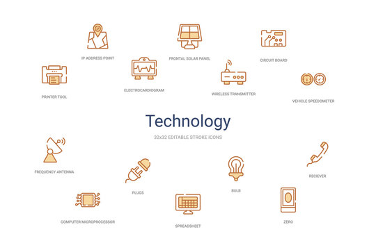 technology concept 14 colorful outline icons. 2 color blue stroke icons