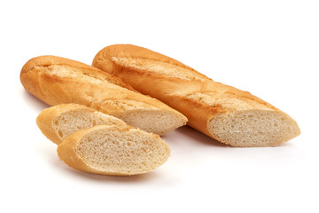 Freshly baked baguette, isolated on white background