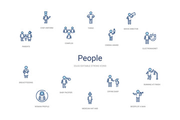 Fototapeta premium people concept 14 colorful outline icons. 2 color blue stroke icons