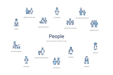 people concept 14 colorful outline icons. 2 color blue stroke icons