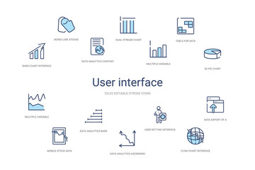 user interface concept 14 colorful outline icons. 2 color blue stroke icons