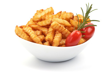 Fried French fries, potato fry, isolated on white background