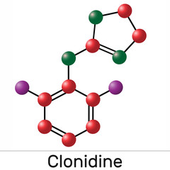 Obraz premium Clonidine molecule. It is useful for the treatment of hypertension, severe pain, and ADHD.