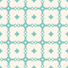 Turquoise geometric seamless pattern. Vector abstract ornamental texture with diamond shapes, rhombuses, carved square grid, lattice. Elegant repeat background in pastel colors, green aqua and beige