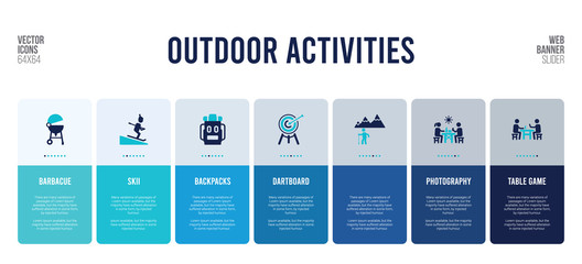 Naklejka premium web banner design with outdoor activities concept elements.