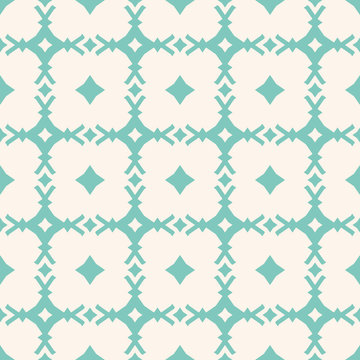 Turquoise geometric seamless pattern. Vector abstract ornamental texture with diamond shapes, rhombuses, carved square grid, lattice. Elegant repeat background in pastel colors, green aqua and beige