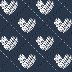 Obraz premium Seamless pattern with hearts and checkered pattern. In white on a blue background.