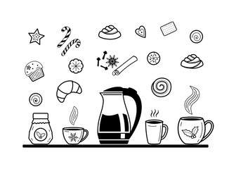 Big set of hot drinks and desserts elements. Coffee, Tea and dessert Related Line Icons. Tea pots and tea cups vector elements for greeting cards, posters, stickers, seasonal design. Isolated on white