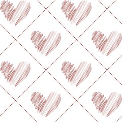Seamless pattern with hand-drawn hearts and checkered pattern.