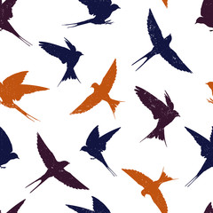 Seamless pattern with swallows silhouettes isolated on white. Pattern with flying birds