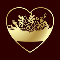Openwork golden heart with tender flowers. Laser cutting template suitable for decorations, cards, interior decorative elements.