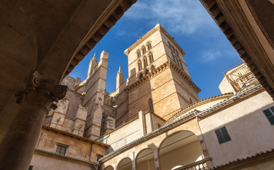 Fototapeta na wymiar Palma de Mallorca - The tover of cathedral La Seu.