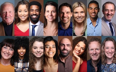 Different portraits of people in front of a background