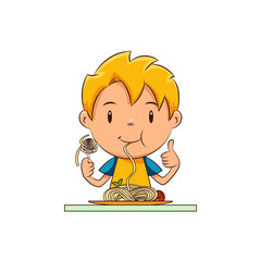 Kid eating pasta, happy cute child