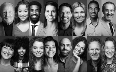 Different portraits of people in front of a background
