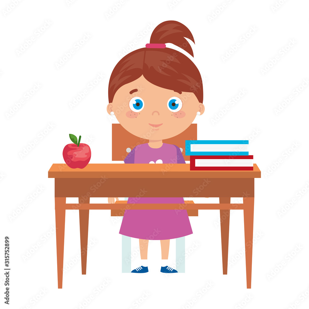 Poster student girl sitting in school desk on white background