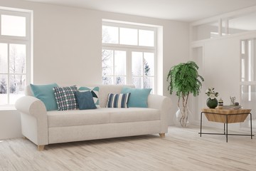 Stylish room in white color with sofa and winter landscape in window. Scandinavian interior design. 3D illustration