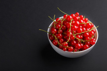 Fresh red currant in white bowl on black background. side view.