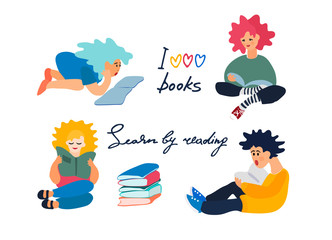 Fototapeta premium Children reading books. Set of vector illustration in flat style. Motivational handwritten slogans. Reading motivation concept